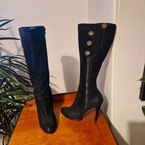 Chic Black Heeled Boots with Gold Button Details